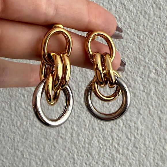 Mixed Metal Round Chain Link Dangle Earrings in Gold & Silver - Picture 2 of 7